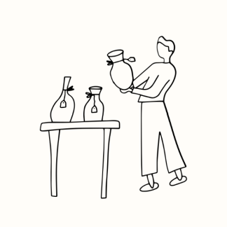 Zeichnung mit zwei Vasen auf einem Tisch und einer Person, die eine Vase in der Hand hält